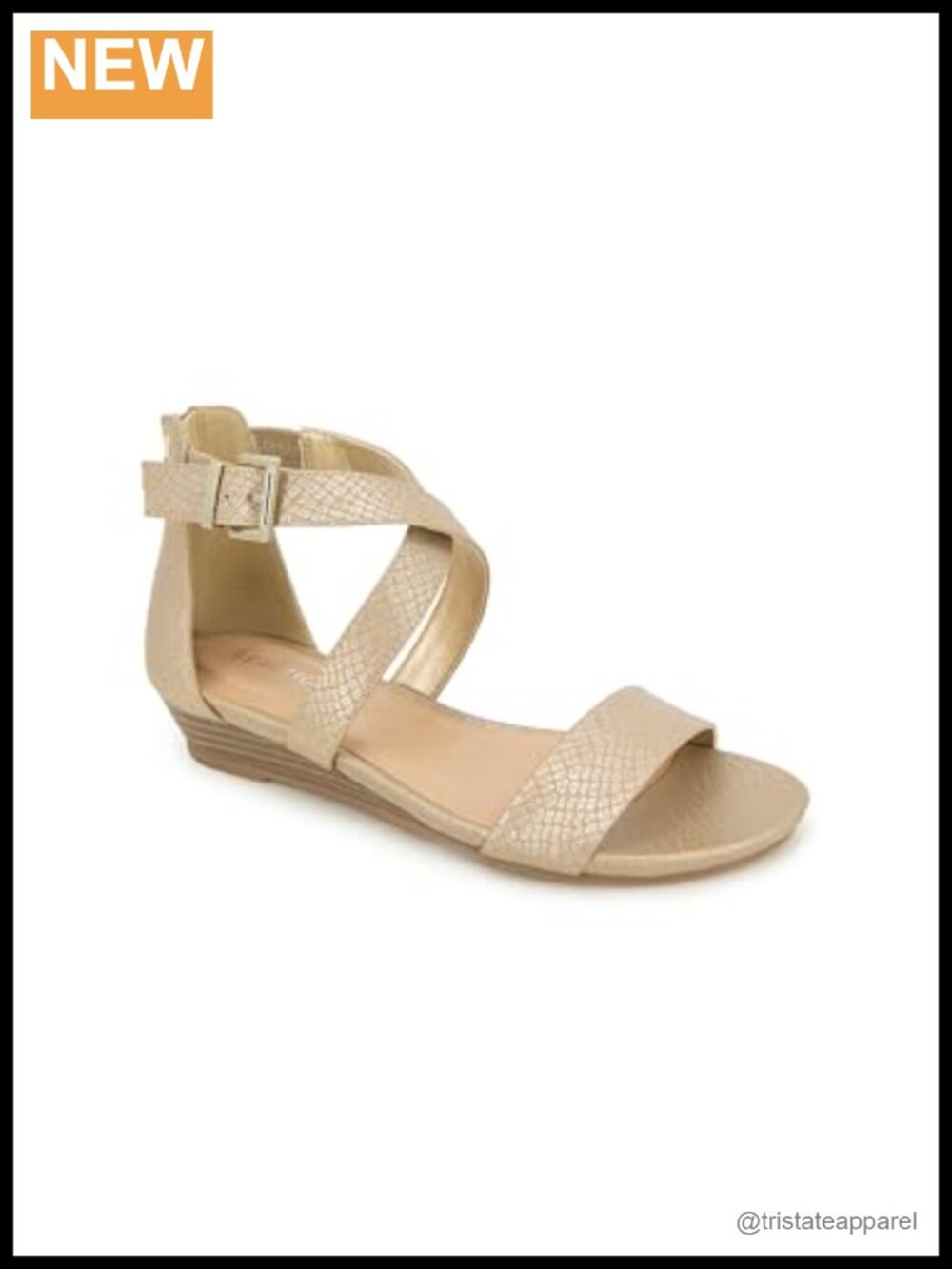 Faux Leather Low Wedge Sandal with Back-Zip and Ankle Buckle